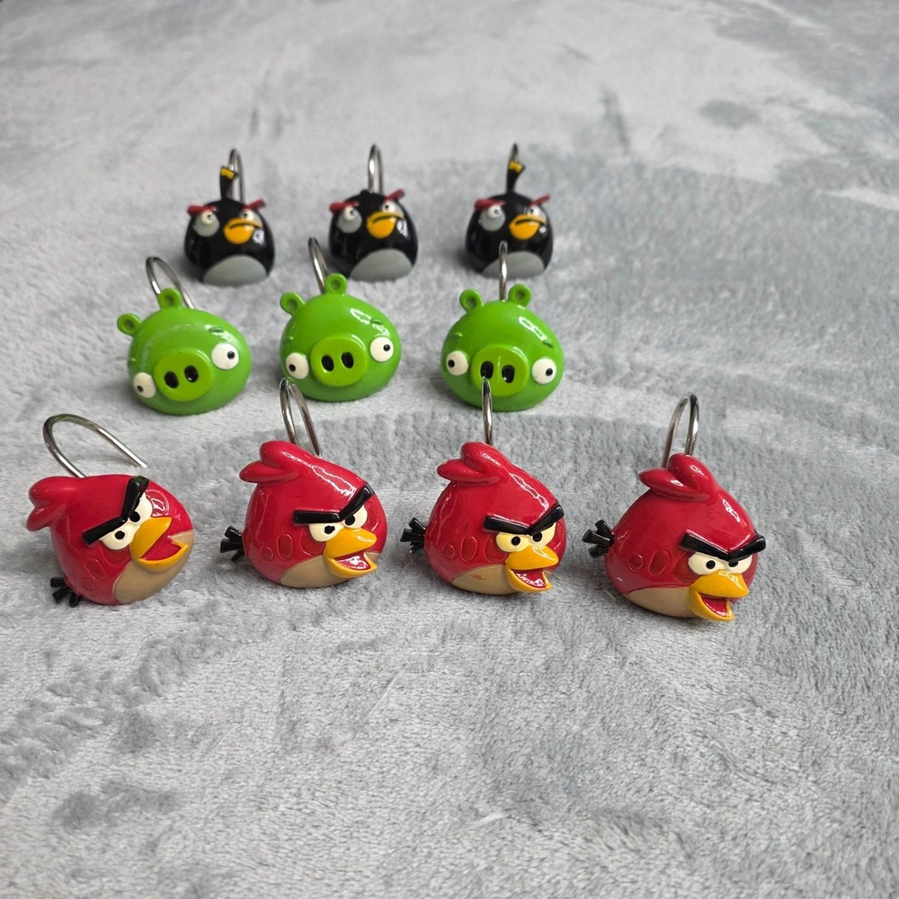 Angry Birds Shower Curtain Hooks Set of 10 Rovio 2013 Red Black Green Pig Decor